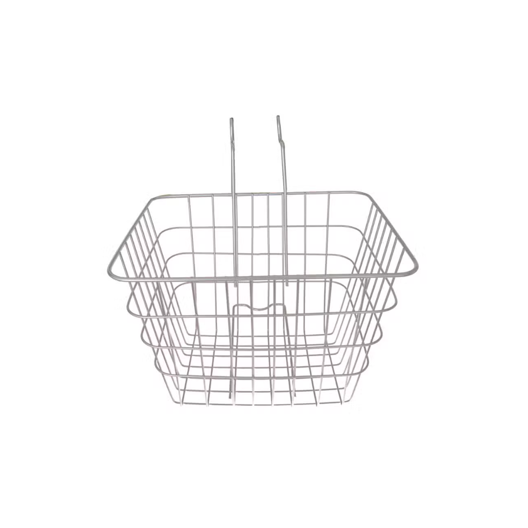 A metal wire bike basket with a rectangular shape, simple grid pattern, handles, and an attachment hook is perfect for enhancing your Glion SNAPnGO ride. The basket is showcased against a plain white background.